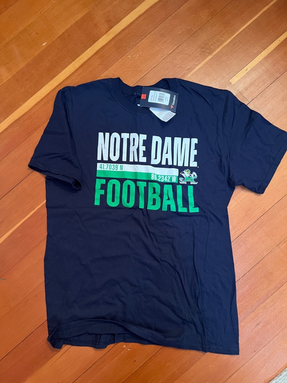 Fanatics Navy T-Shirt with Green and White Notre Dame Football Logo